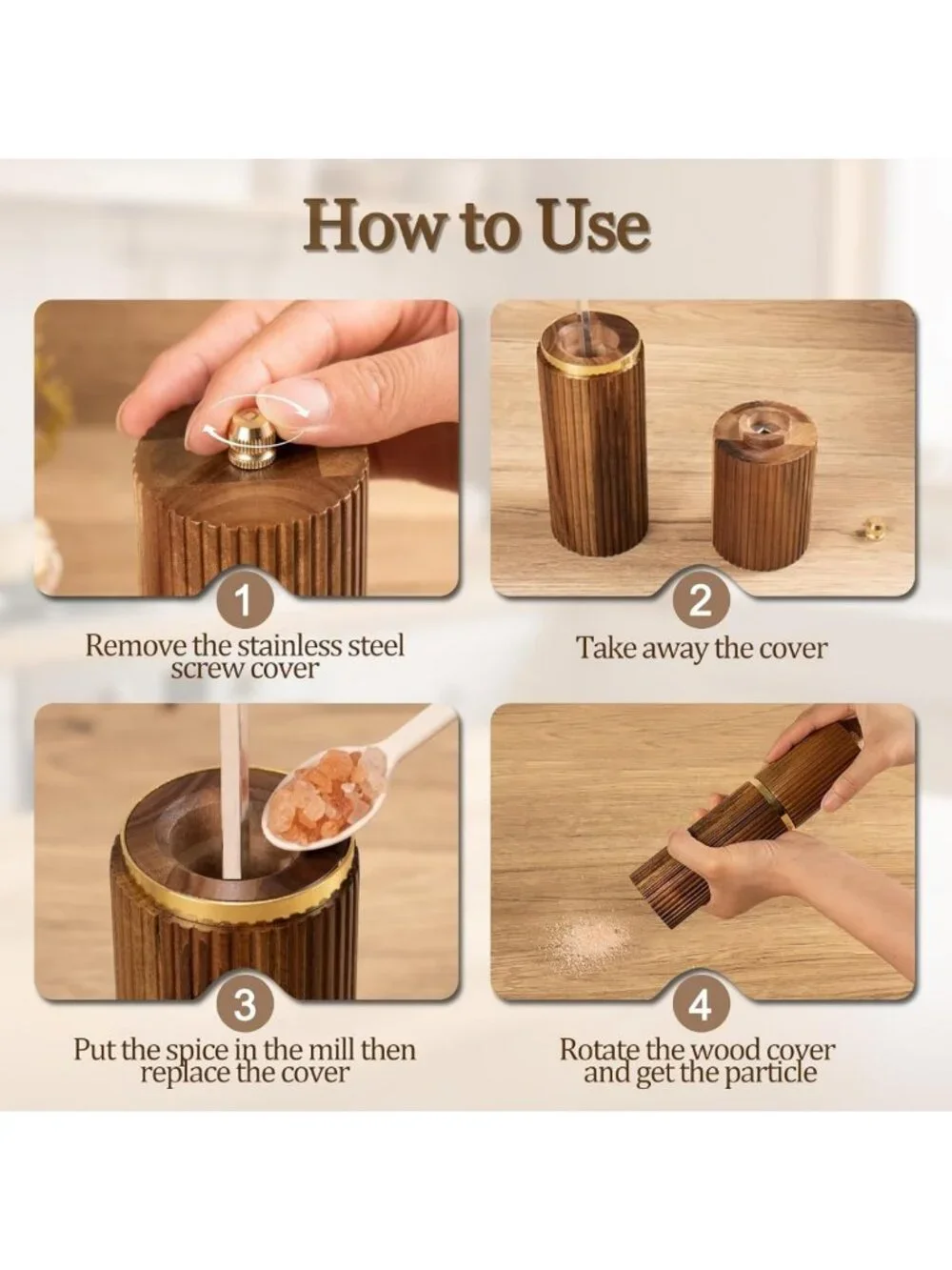 2 Pack Acacia Wood Salt & Pepper Grinder Set - Stylish 8-Inch Mills for Kitchen